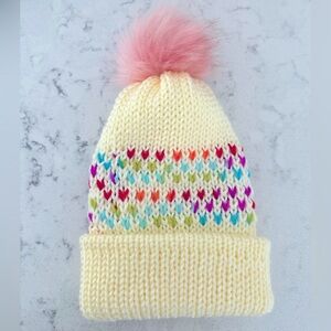 🤍 Handmade White Knit Hat – Rainbow Fair Isle + Pink Fur Pom Pom 🤍